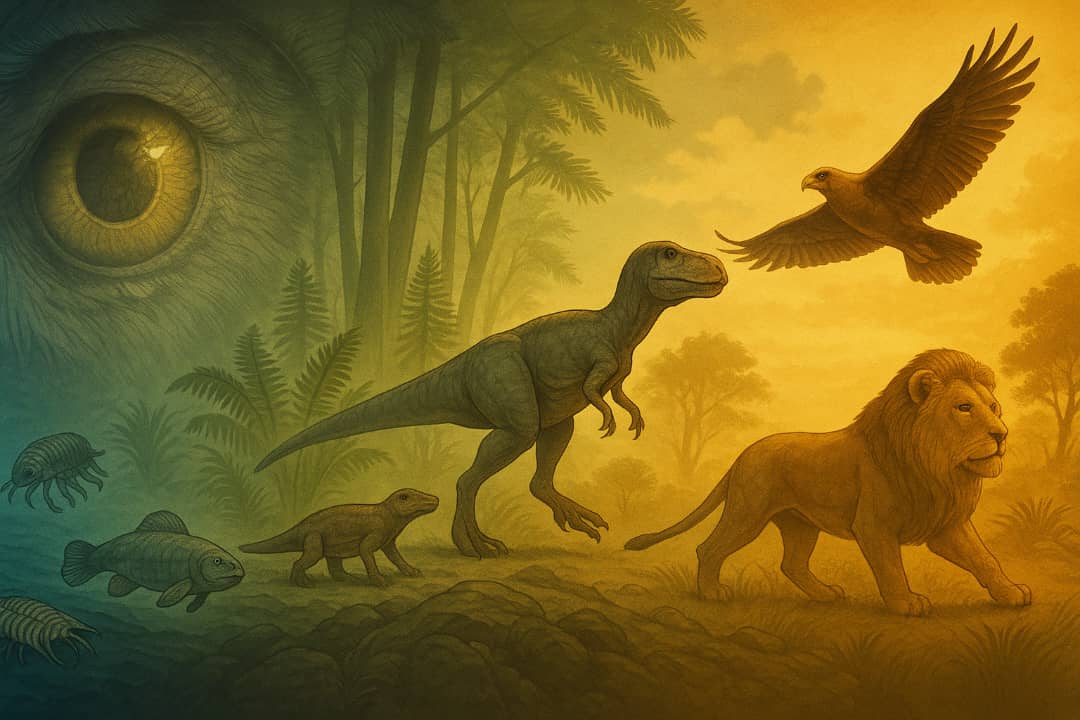 Evolutionary timeline showing fish, dinosaur, eagle, and lion through time